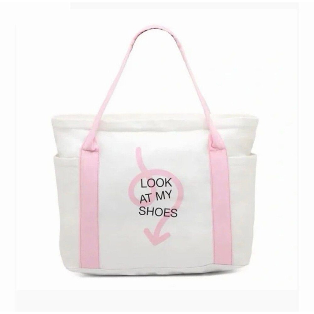 DSW Canvas Tote Duffel Carry Bag Ivory/Pink Durable Zipper Look At My Shoes NEW